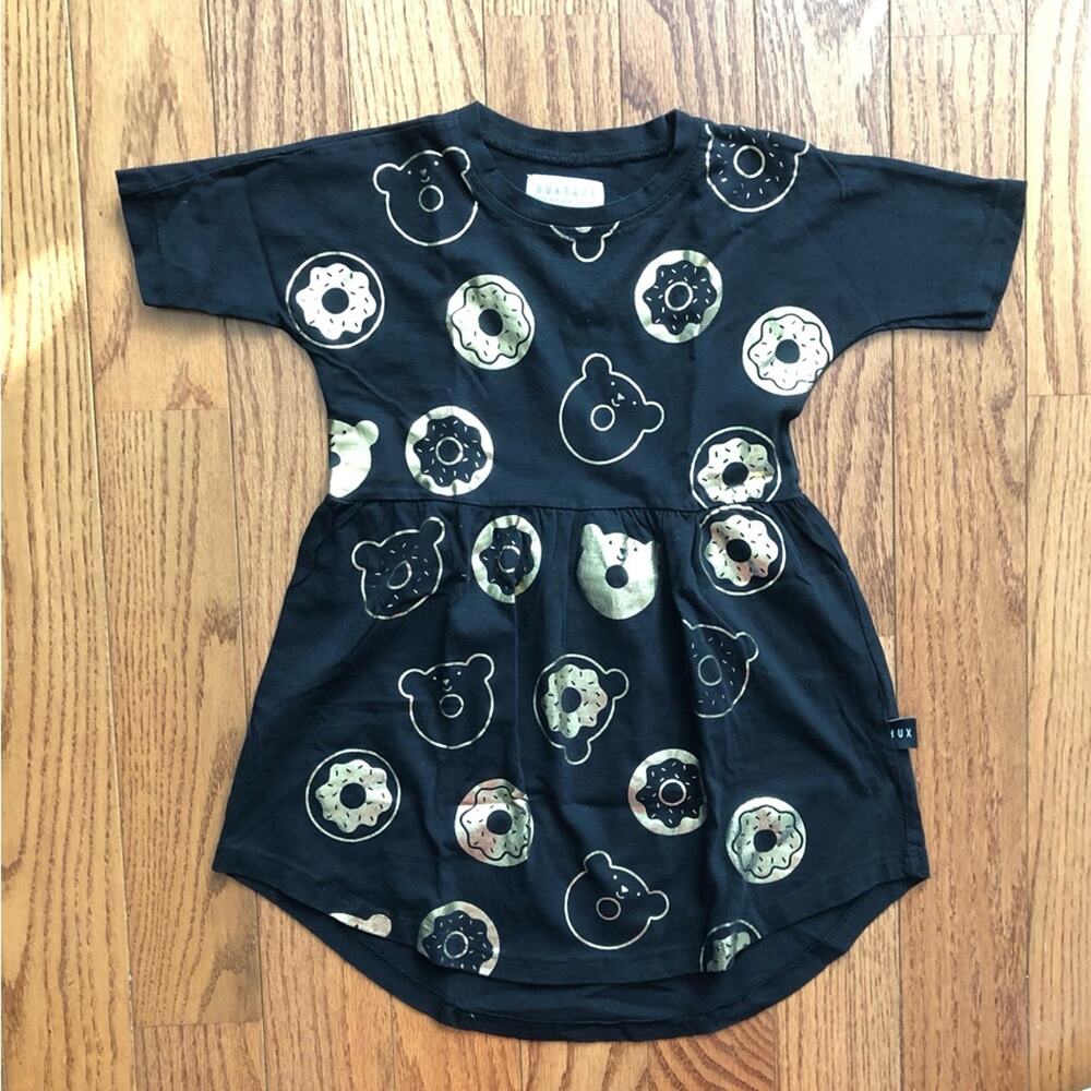 Huxbaby Lucky Lox Black and Gold Casual Cotton Knit Doughnut Dress Girl’s Size 4 - Picture 2 of 9
